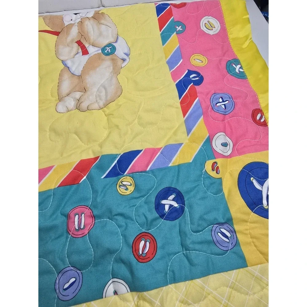 Vintage Baby Quilt Blanket Rocking Horse Teddy Bear Button Yellow Blue